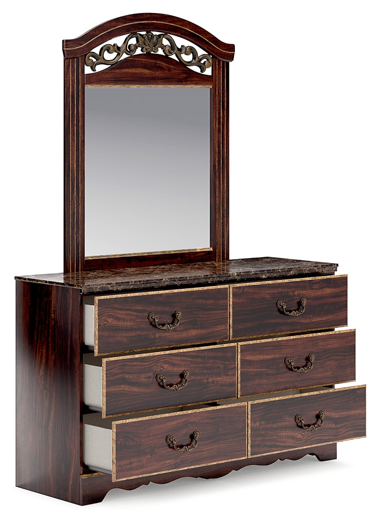 Glosmount Queen Poster Bed, Dresser, Mirror, Chest and Nightstand