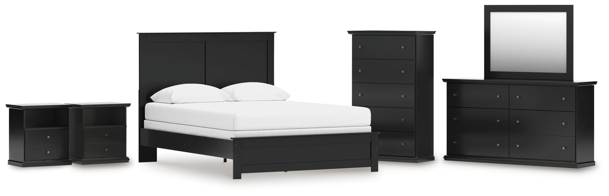 Maribel Queen Panel Bed, Dresser, Mirror, Chest and 2 Nightstands