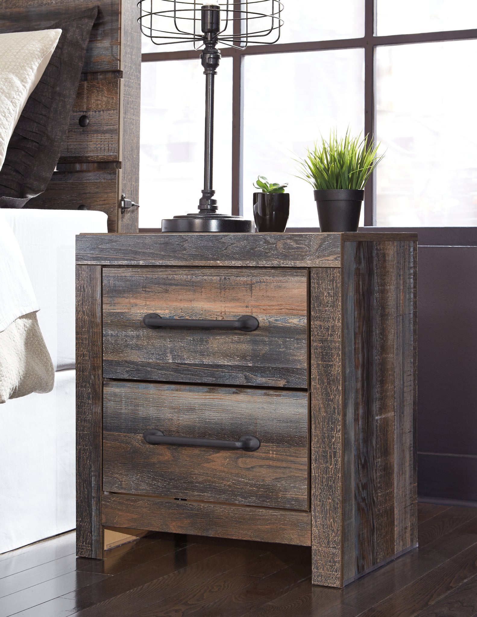 Drystan King Panel Bed with Under Bed Storage, Dresser, Mirror and Nightstand