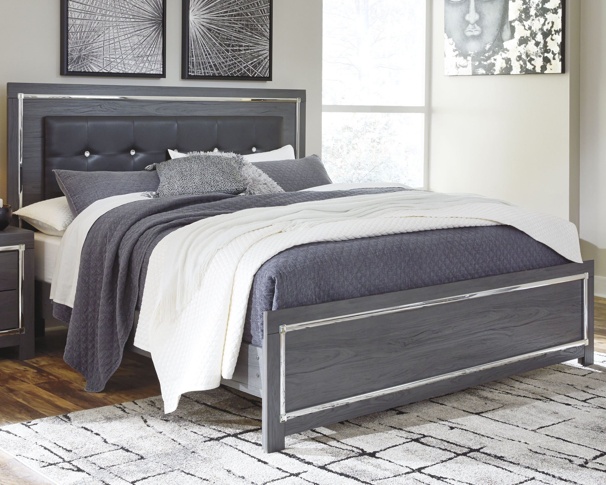 Lodanna King Upholstered Panel Bed, Dresser, Mirror, Chest and Nightstand