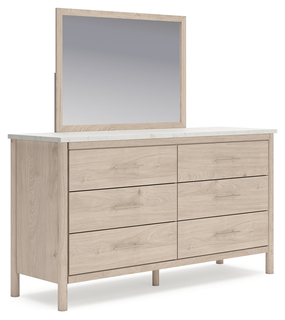 Cadmori King Upholstered Panel Bed, Dresser, Mirror and Nightstand