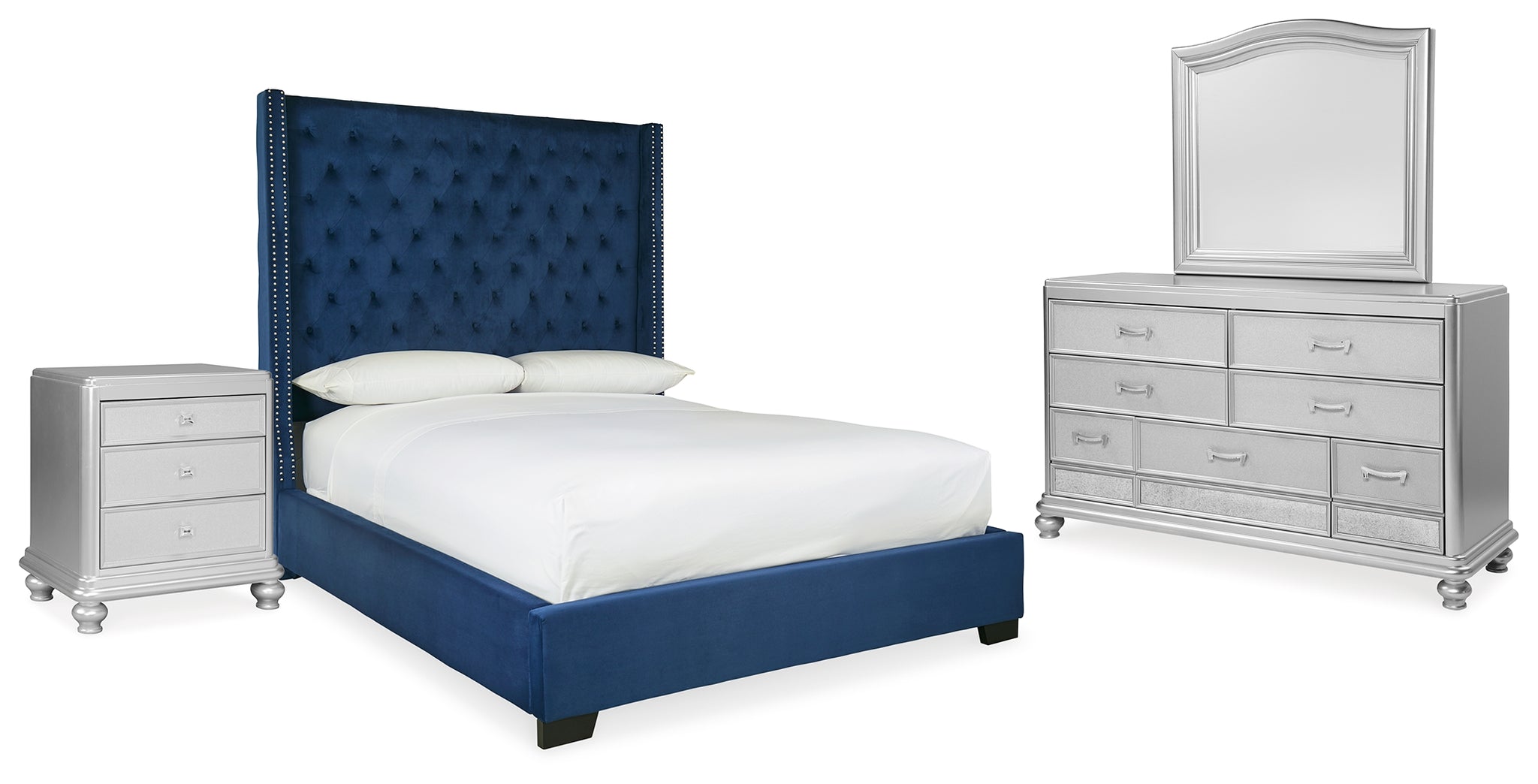Coralayne Queen Upholstered Bed with Mirrored Dresser and Nightstand