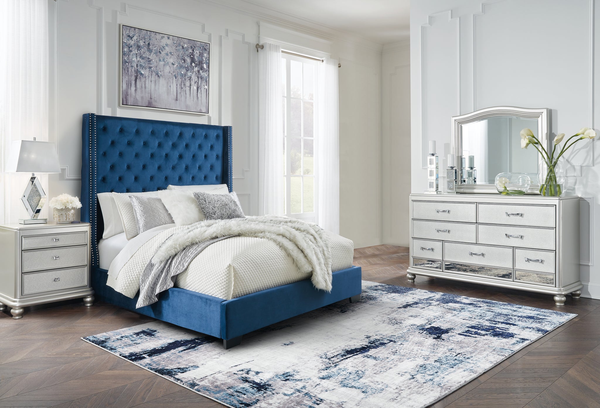 Coralayne Queen Upholstered Bed with Mirrored Dresser and Nightstand