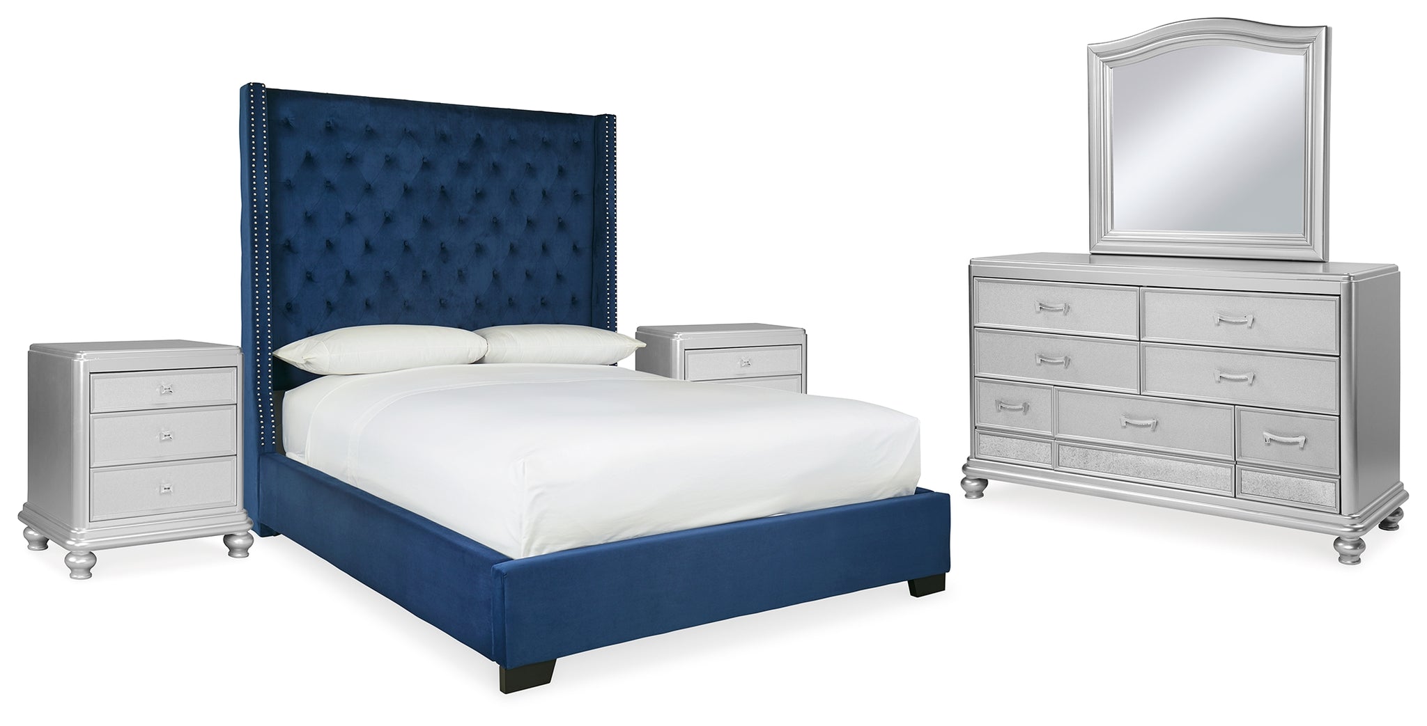 Coralayne Queen Upholstered Bed, Dresser, Mirror and 2 Nightstands