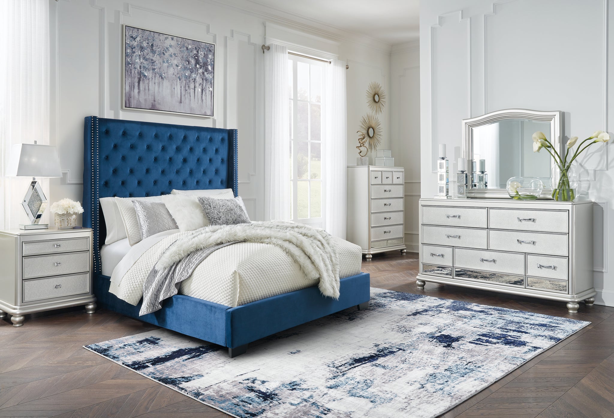 Coralayne Queen Upholstered Bed, Dresser, Mirror, Chest and Nightstand