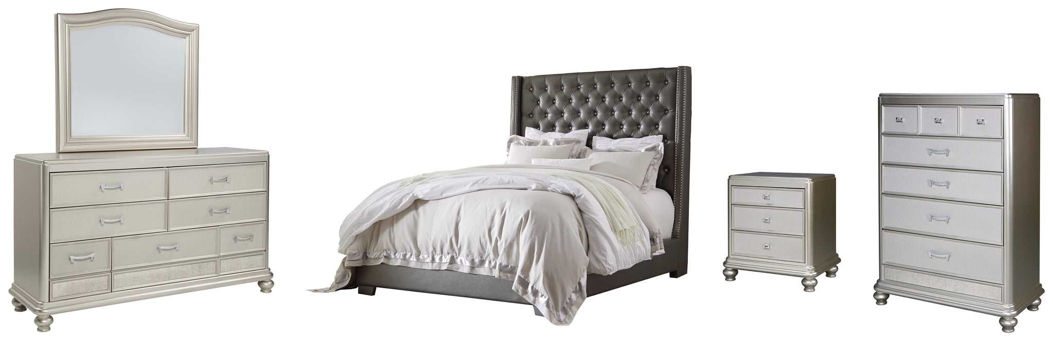Coralayne Queen Upholstered Bed, Dresser, Mirror, Chest and Nightstand