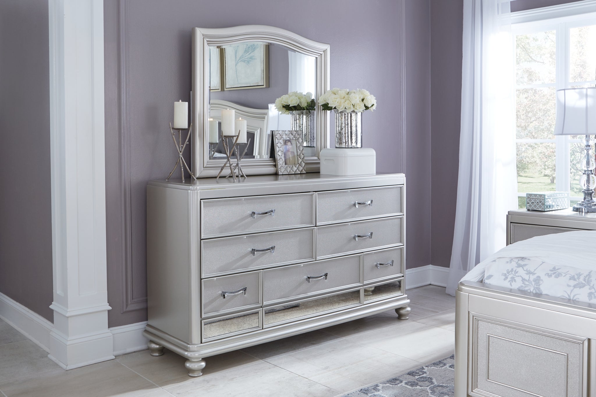 Coralayne Queen Upholstered Bed, Dresser, Mirror, Chest and Nightstand