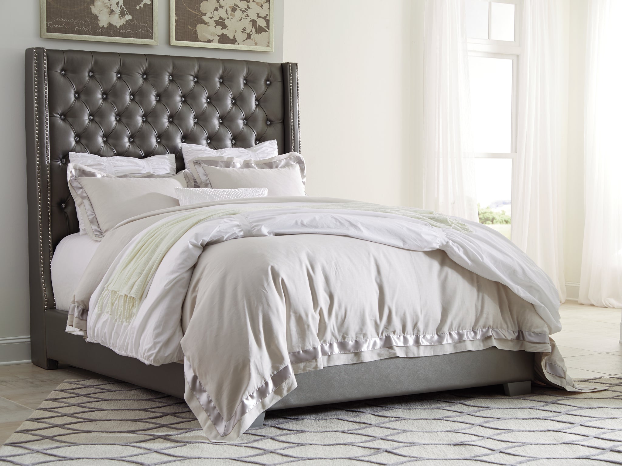 Coralayne Queen Upholstered Bed, Dresser, Mirror, Chest and Nightstand