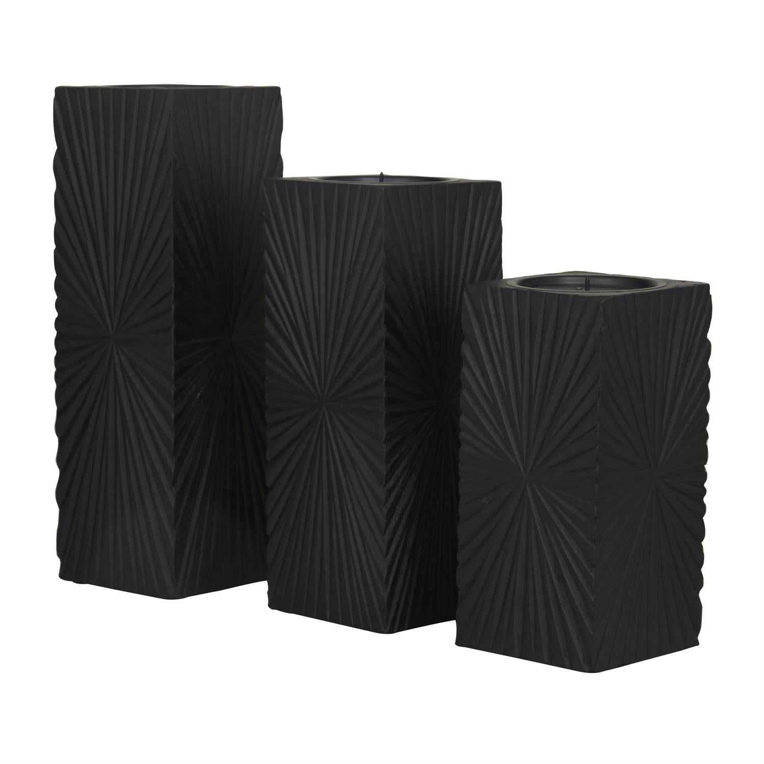 Black Wooden Carved Pillar Candle Holder Set of 3