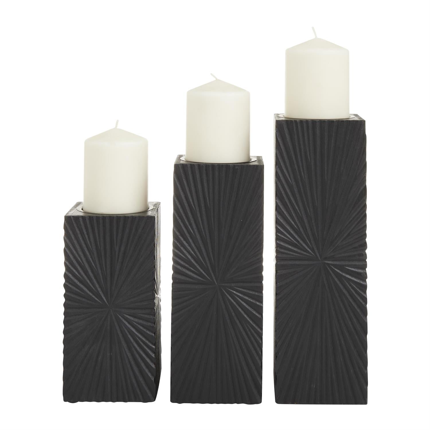 Black Wooden Carved Pillar Candle Holder Set of 3