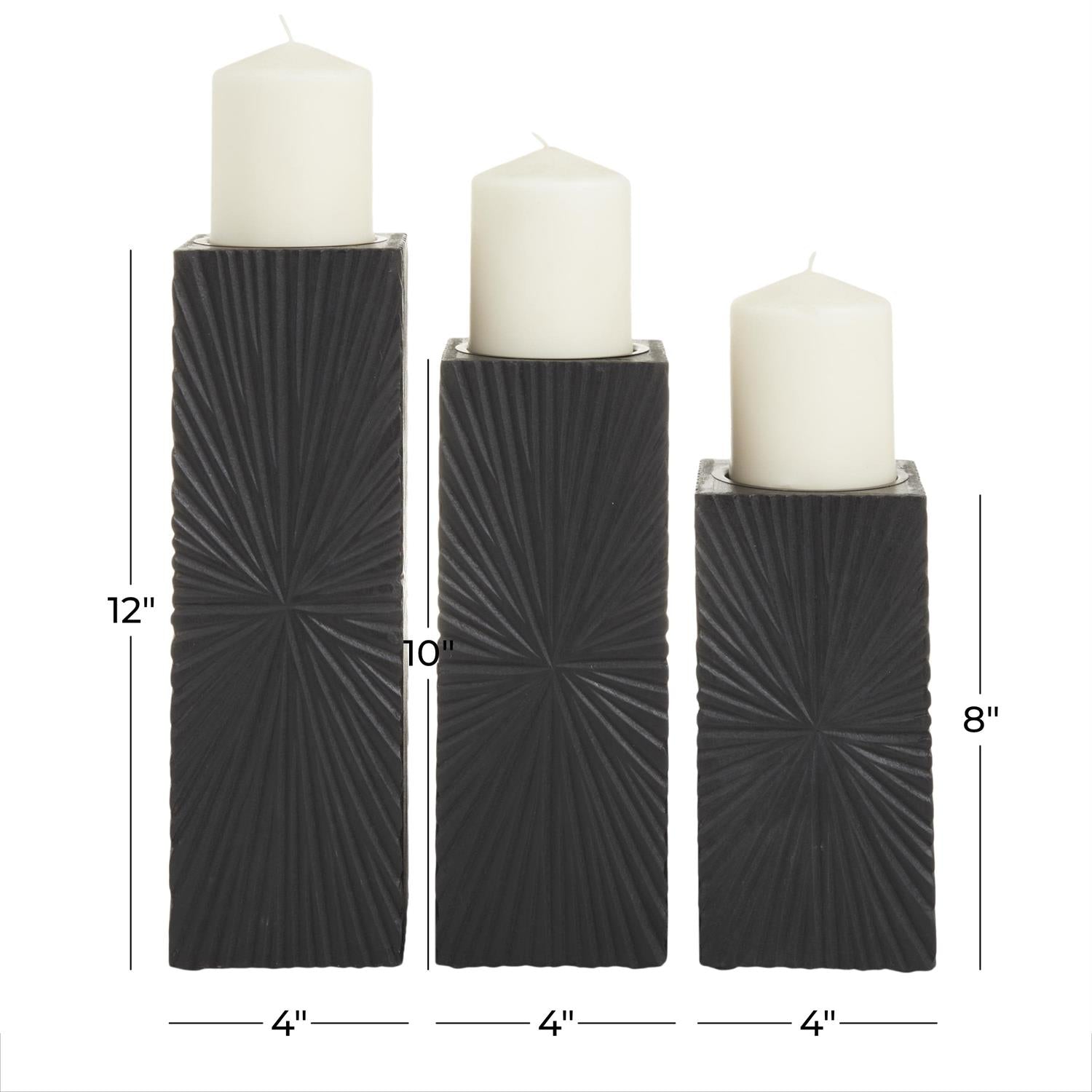 Black Wooden Carved Pillar Candle Holder Set of 3