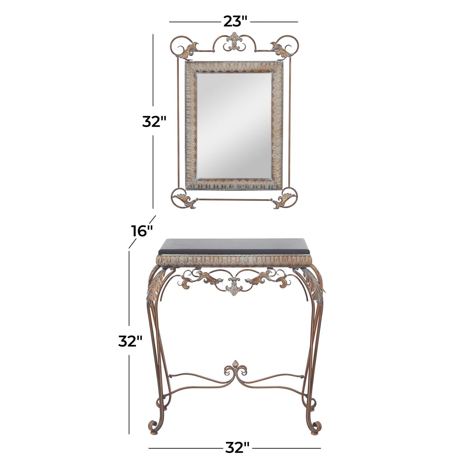 Bronze Metal Leaf Console Table with Mirror Set of 2