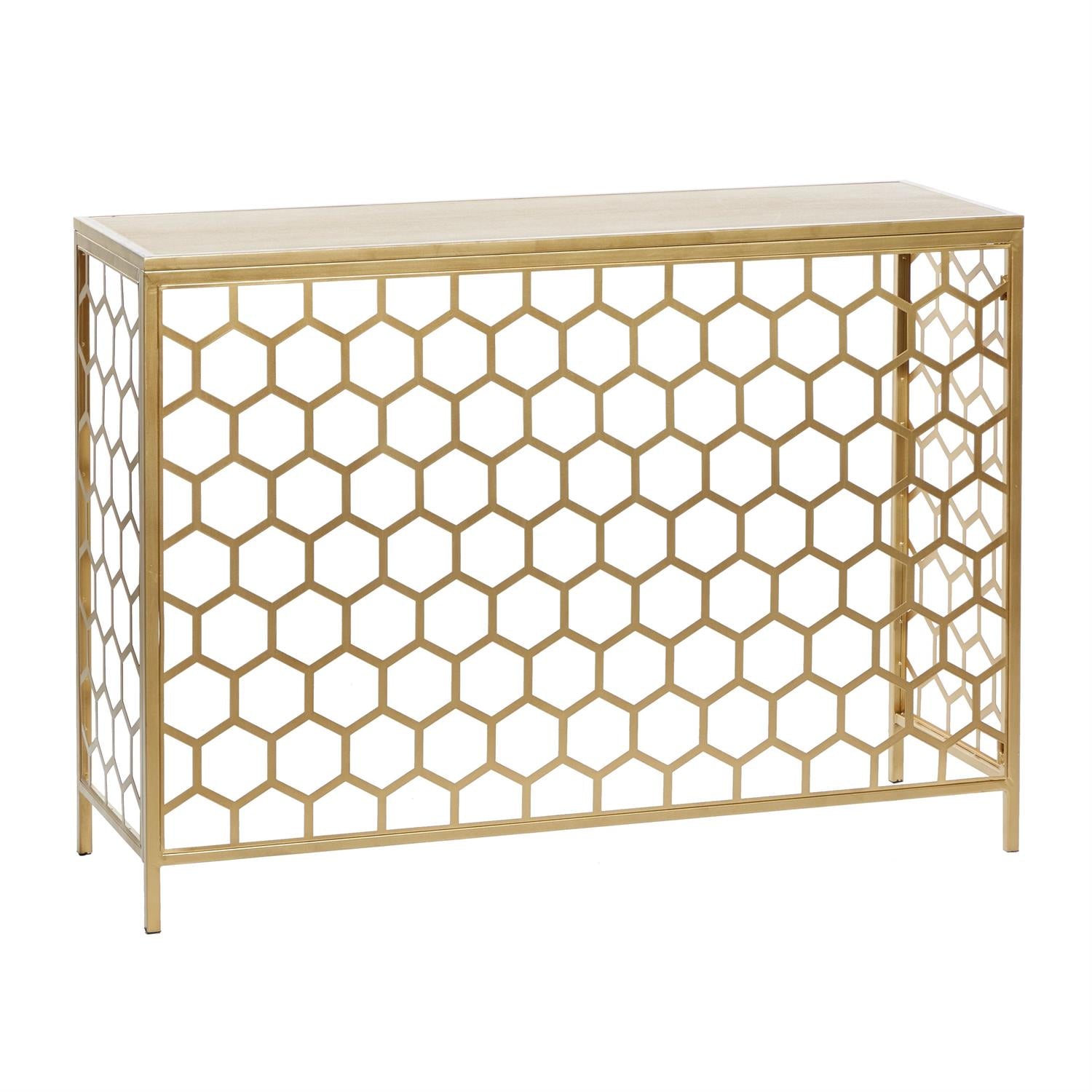 Gold Metal Honeycomb Pattern Console Table