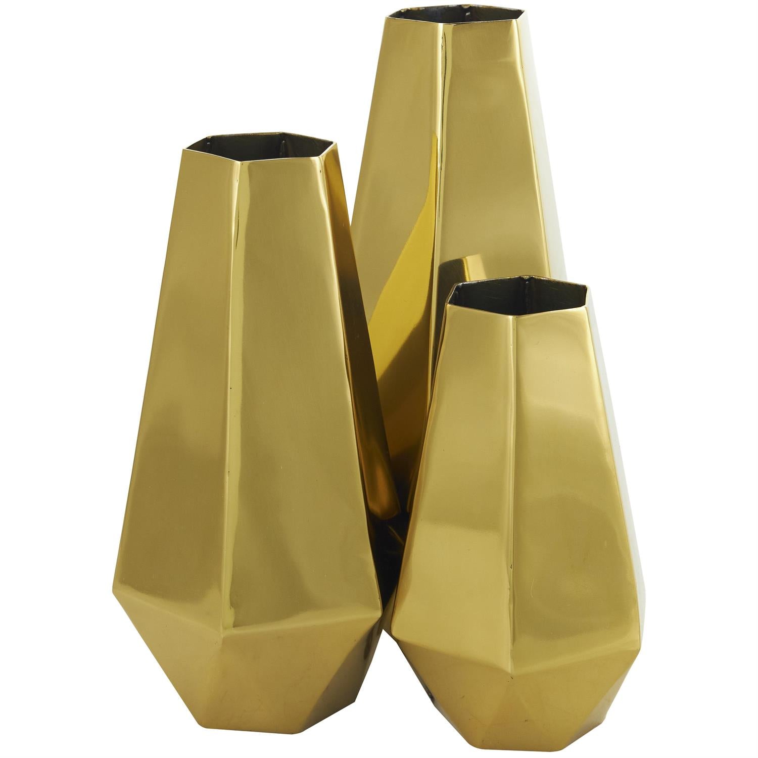 Gold Stainless Steel Geometric Hexagon Shaped Decorative Vase Set of 3