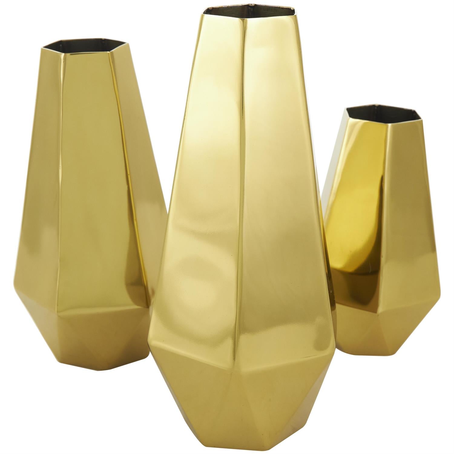 Gold Stainless Steel Geometric Hexagon Shaped Decorative Vase Set of 3