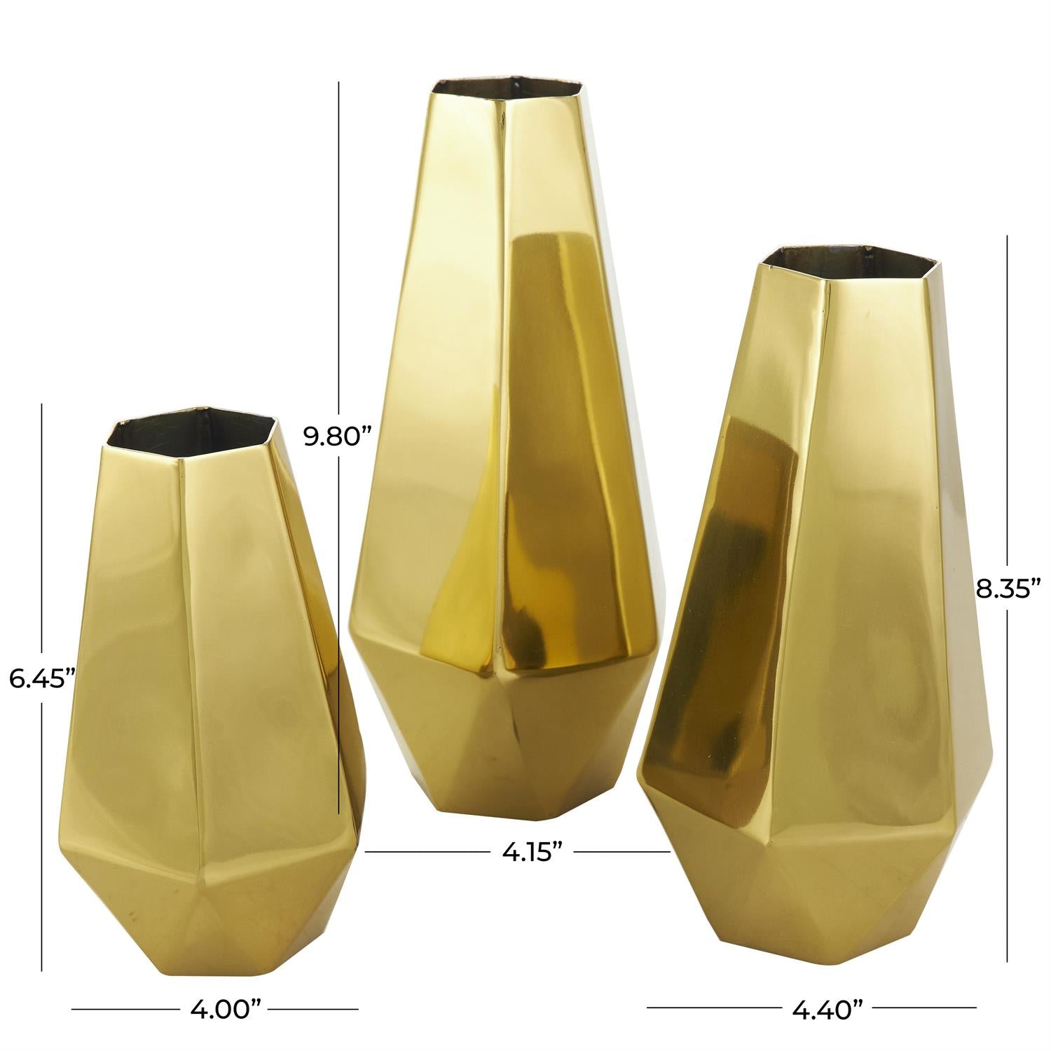 Gold Stainless Steel Geometric Hexagon Shaped Decorative Vase Set of 3
