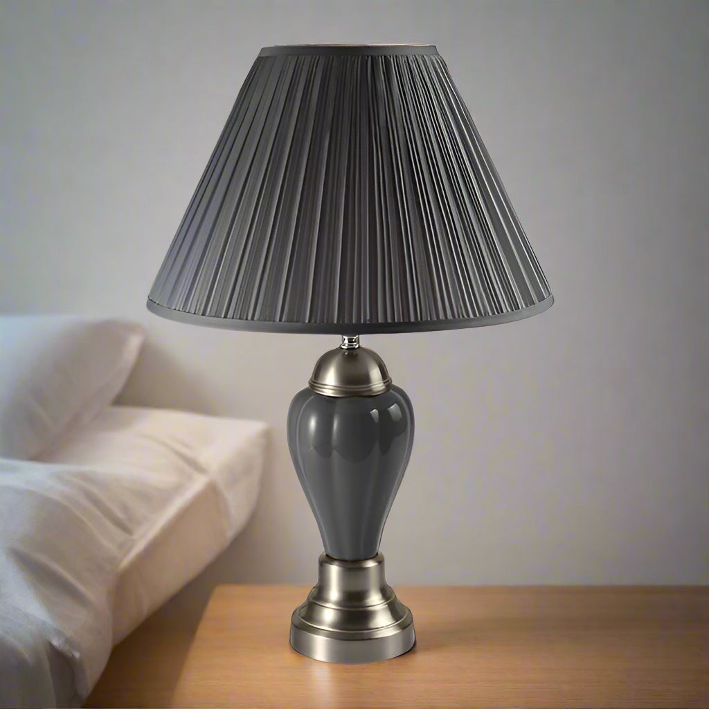  Porcelain Gray Shade Lamp Satin Nickel Base 26"