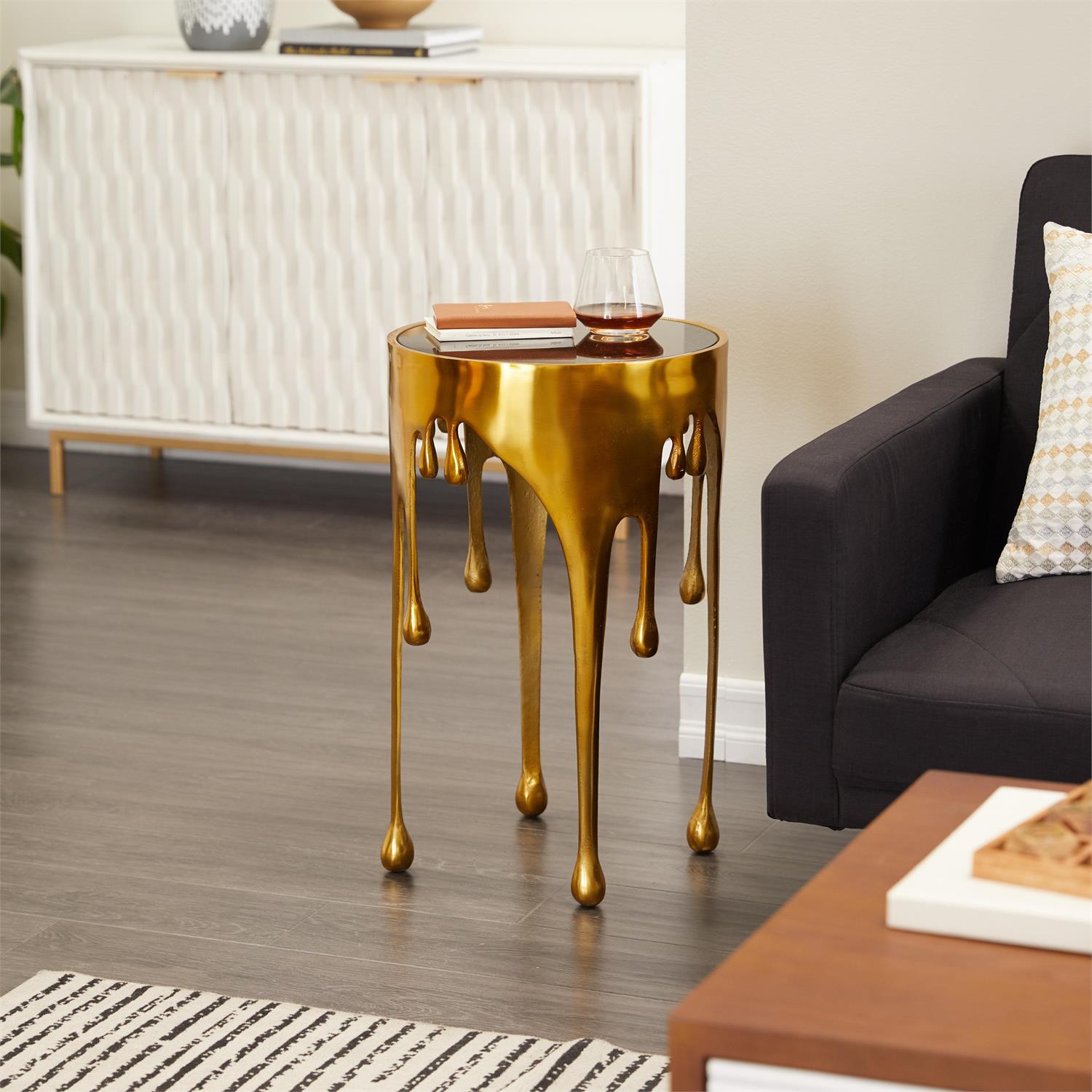 Silver Drip Accent Table with Melting Design and Shaded Glass Top 16" x 16" x 25"