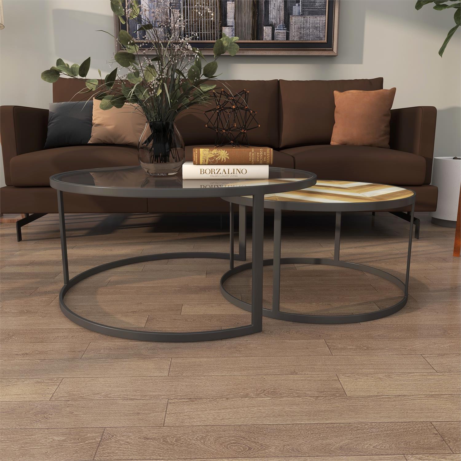 Wooden Nesting Coffee Table with Glass Top, Set of 2