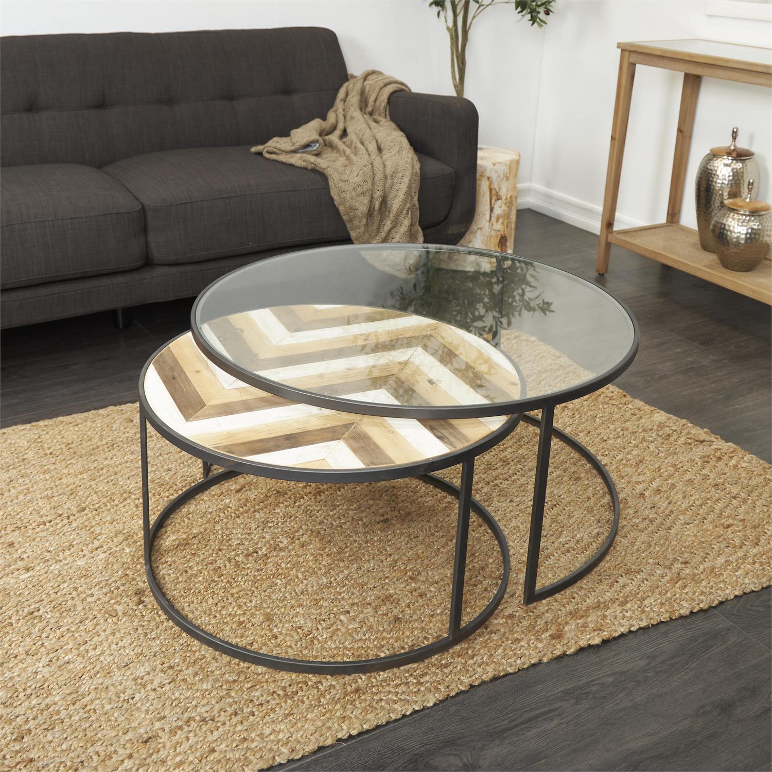 Wooden Nesting Coffee Table with Glass Top, Set of 2
